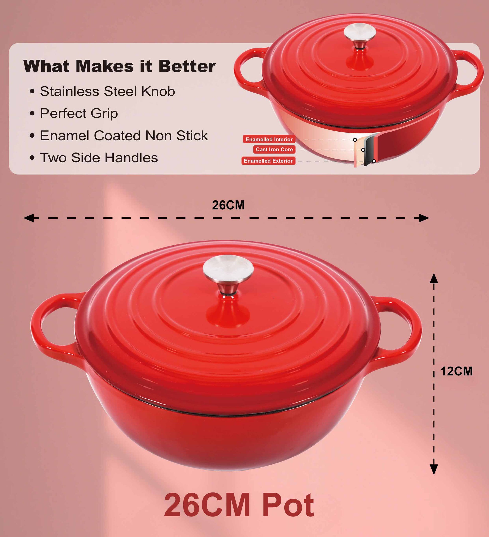 Dimensions of 5.3L Enamel Coated Cast Iron Pot