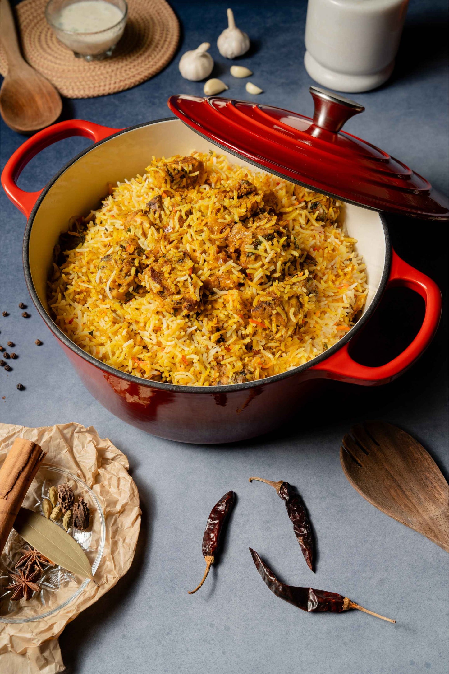 Elvira 4L Enamel Coated Cast Iron Pot showing biryani