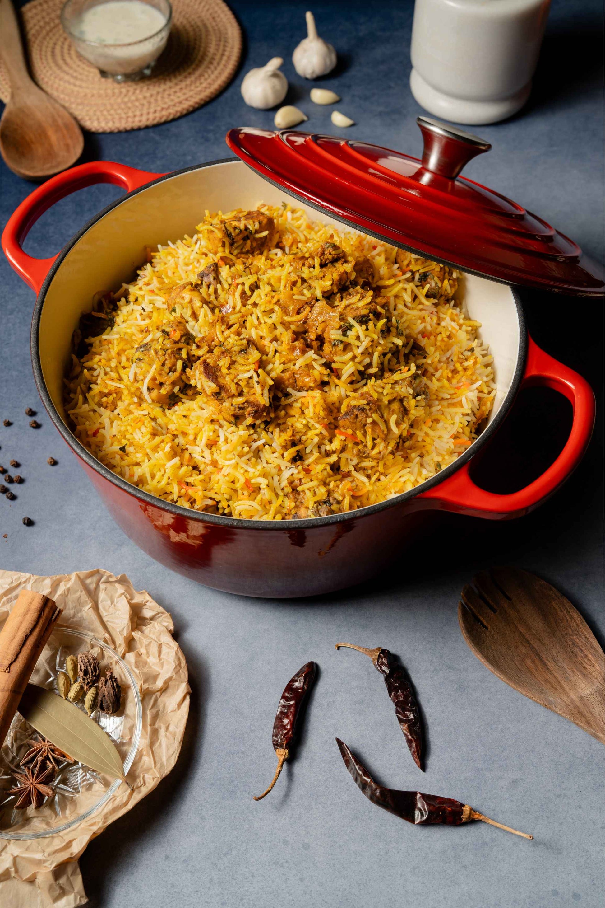 Elvira 4L Enamel Coated Cast Iron Pot showing biryani
